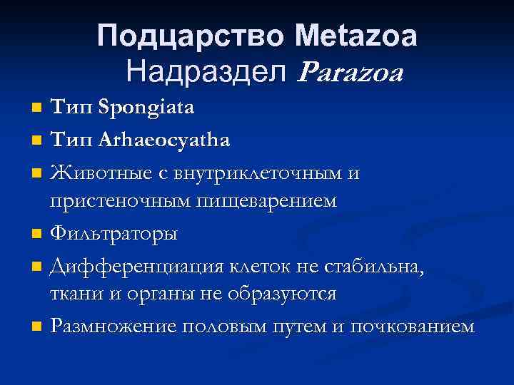 Подцарство Metazoa Надраздел Parazoa Тип Spongiata n Тип Arhaeocyatha n Животные с внутриклеточным и