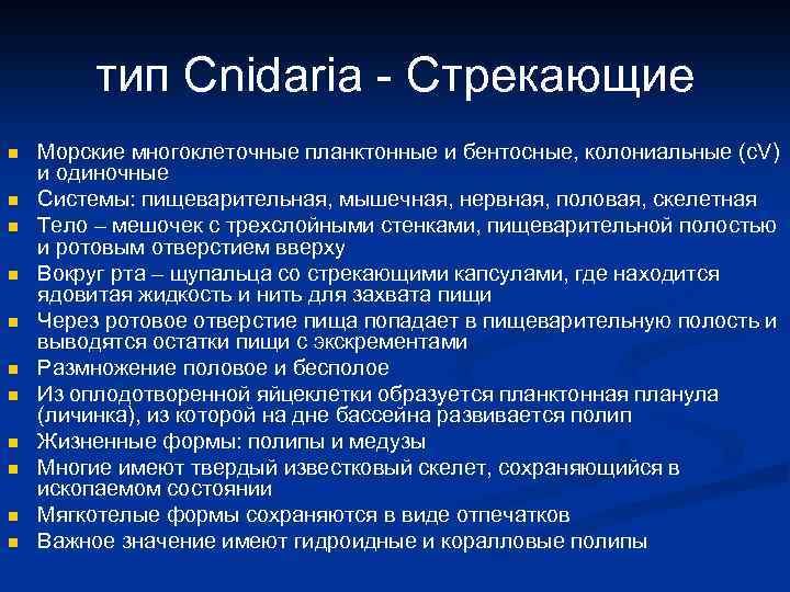 тип Cnidaria - Стрекающие n n n Морские многоклеточные планктонные и бентосные, колониальные (с.