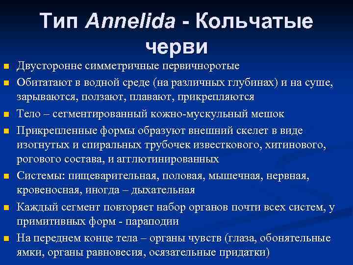 Тип Annelida - Кольчатые черви n n n n Двусторонне симметричные первичноротые Обитатают в