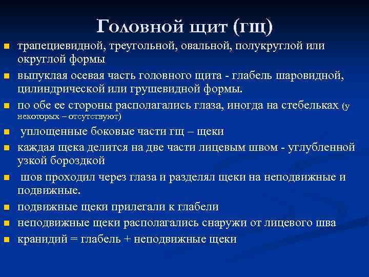 Головной щит (гщ) n n n трапециевидной, треугольной, овальной, полукруглой или округлой формы выпуклая