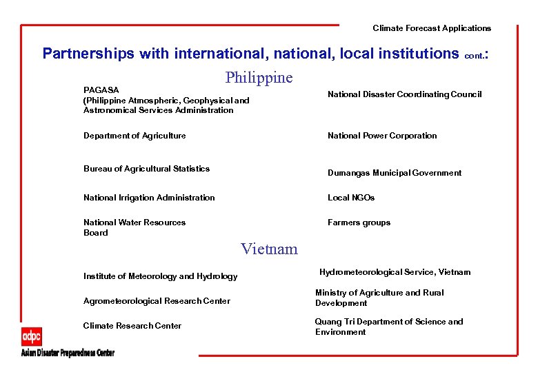 Climate Forecast Applications Partnerships with international, local institutions cont. Philippine PAGASA (Philippine Atmospheric, Geophysical