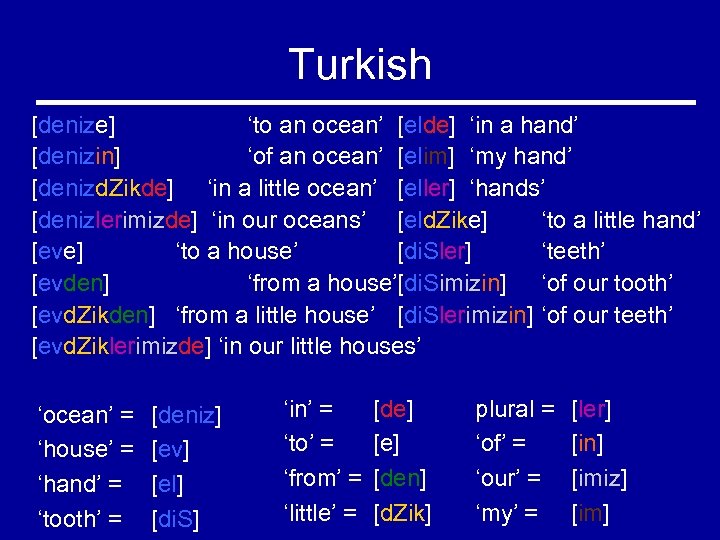 Turkish [denize] ‘to an ocean’ [elde] ‘in a hand’ [denizin] ‘of an ocean’ [elim]