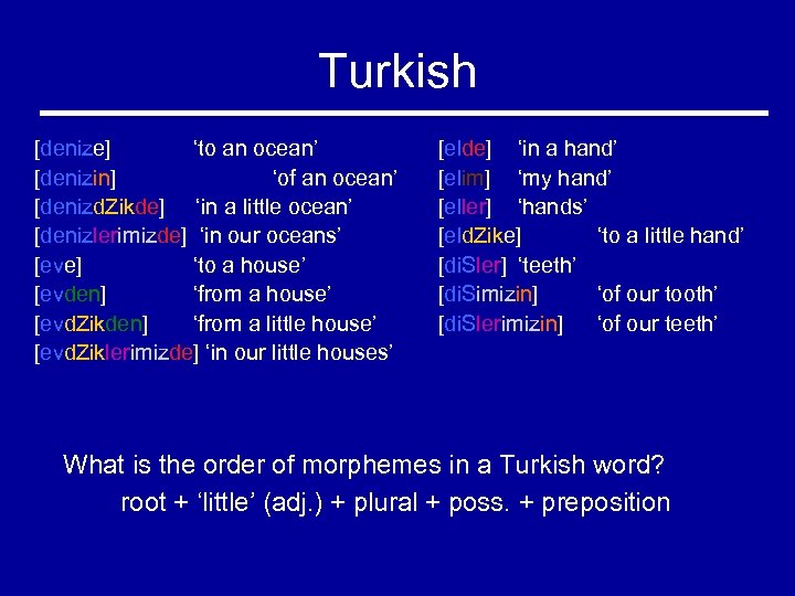 Turkish [denize] ‘to an ocean’ [denizin] ‘of an ocean’ [denizd. Zikde] ‘in a little