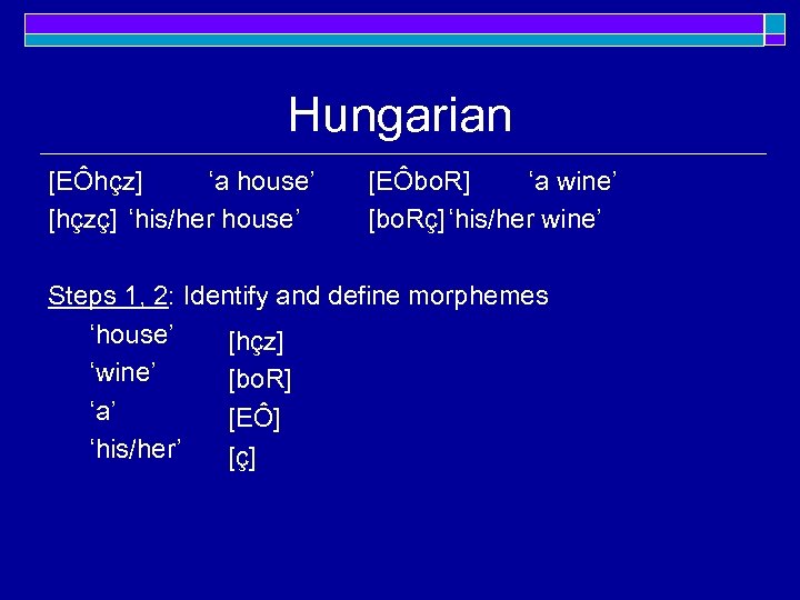 Hungarian [EÔhçz] ‘a house’ [hçzç] ‘his/her house’ [EÔbo. R] ‘a wine’ [bo. Rç] ‘his/her