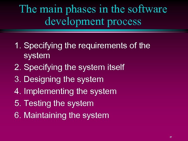 The main phases in the software development process 1. Specifying the requirements of the