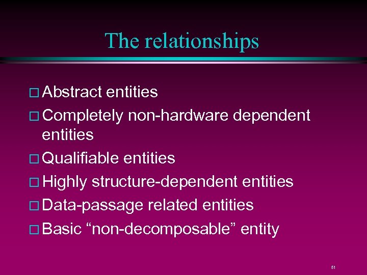 The relationships Abstract entities Completely non-hardware dependent entities Qualifiable entities Highly structure-dependent entities Data-passage
