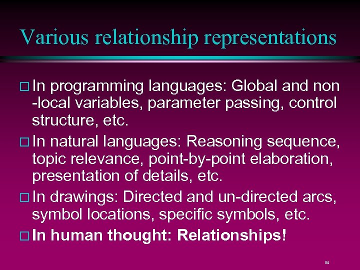 Various relationship representations In programming languages: Global and non -local variables, parameter passing, control