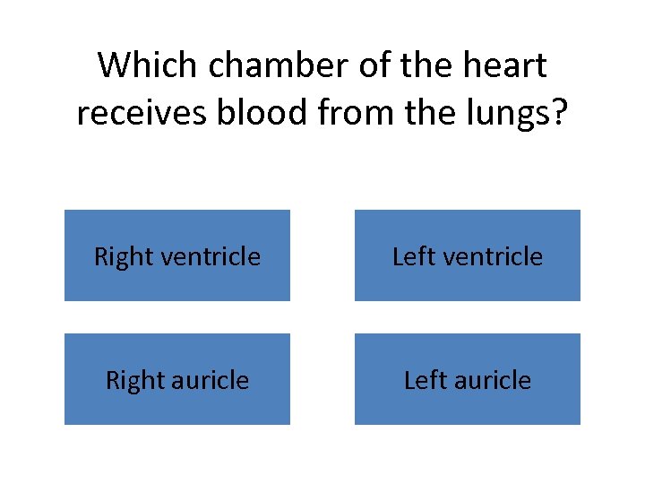 Which chamber of the heart receives blood from the lungs? Right ventricle Left ventricle