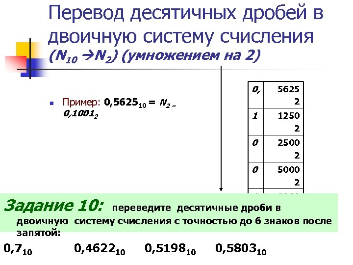 Перевод десятичных дробей в двоичную систему счисления (N 10 N 2) (умножением на 2)