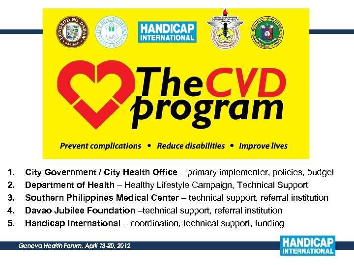 1. 2. 3. 4. 5. City Government / City Health Office – primary implementer,