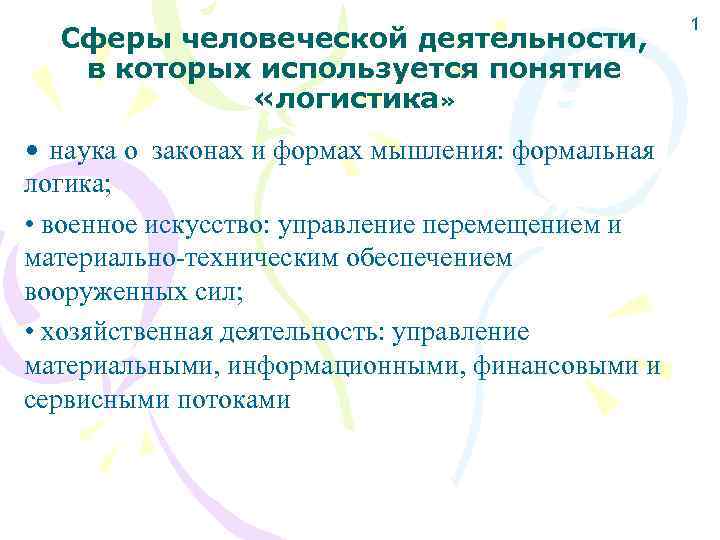 Сферы человеческой деятельности, в которых используется понятие «логистика» • наука о законах и формах