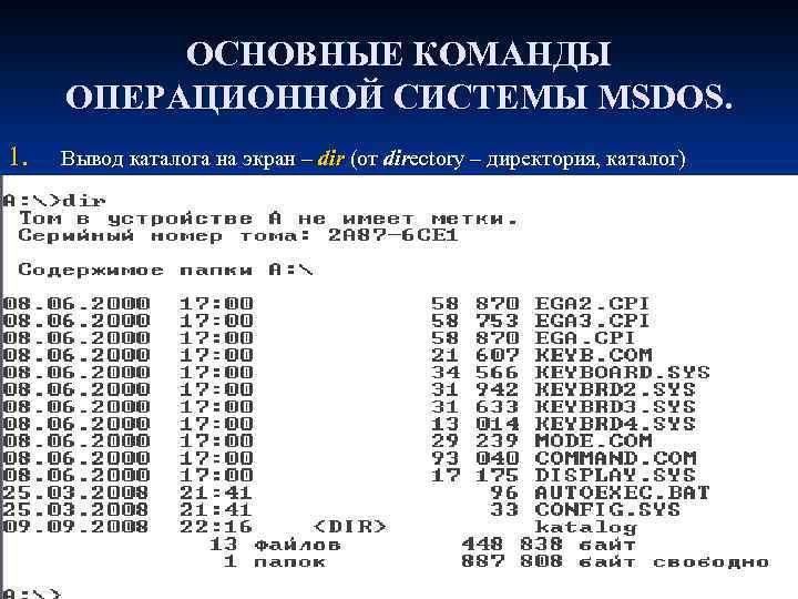 ОСНОВНЫЕ КОМАНДЫ ОПЕРАЦИОННОЙ СИСТЕМЫ MSDOS. 1. Вывод каталога на экран – dir (от directory