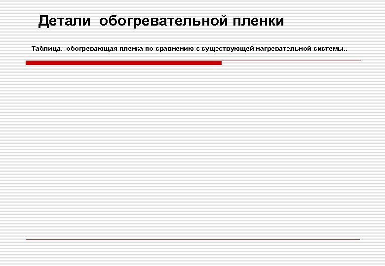 Детали обогревательной пленки Таблица. обогревающая пленка по сравнению с существующей нагревательной системы. . 