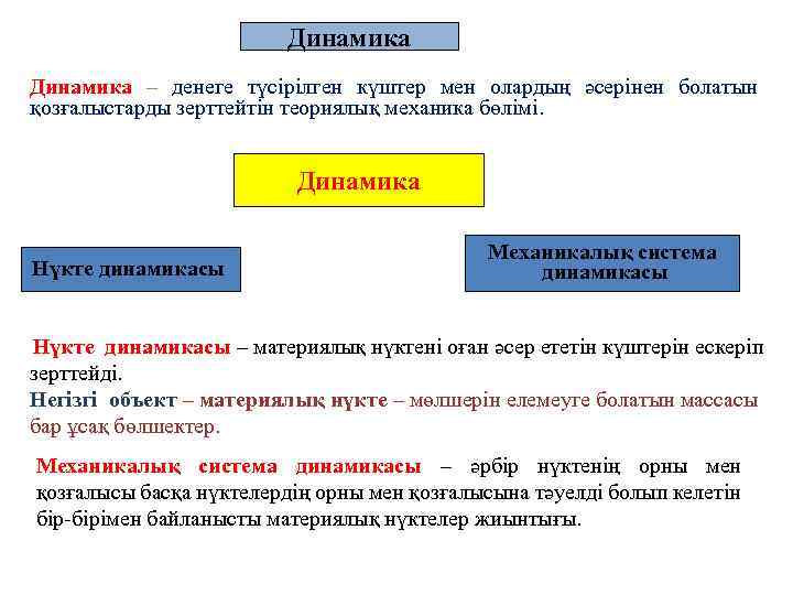 Динамика – денеге түсірілген күштер мен олардың әсерінен болатын қозғалыстарды зерттейтін теориялық механика бөлімі.