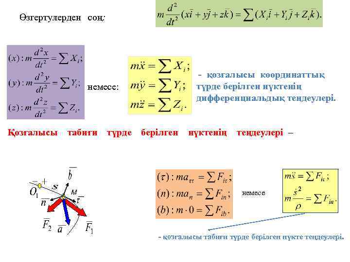 Өзгертулерден соң: - қозғалысы координаттық түрде берілген нүктенің дифференциальдық теңдеулері. немесе: Қозғалысы табиғи M