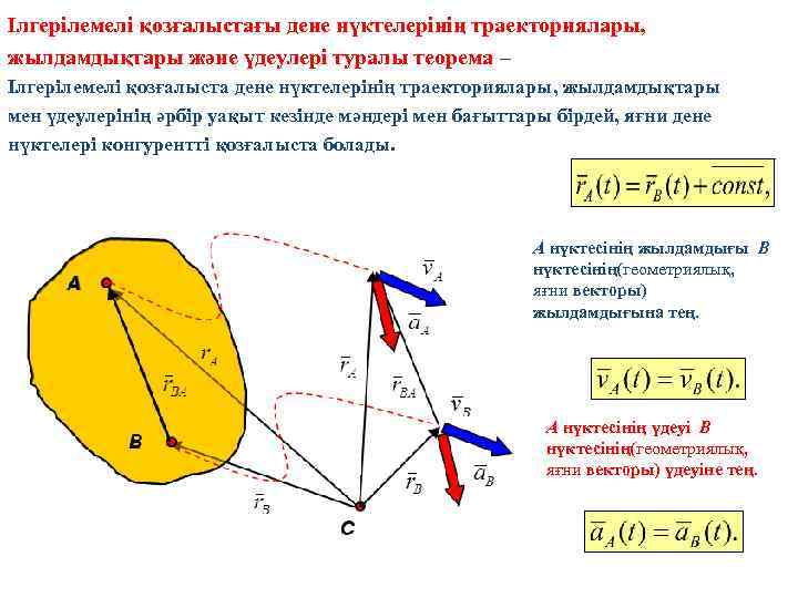 Ілгерілемелі қозғалыстағы дене нүктелерінің траекториялары, жылдамдықтары және үдеулері туралы теорема – Ілгерілемелі қозғалыста дене
