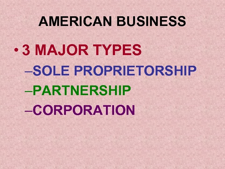 AMERICAN BUSINESS • 3 MAJOR TYPES –SOLE PROPRIETORSHIP –PARTNERSHIP –CORPORATION 