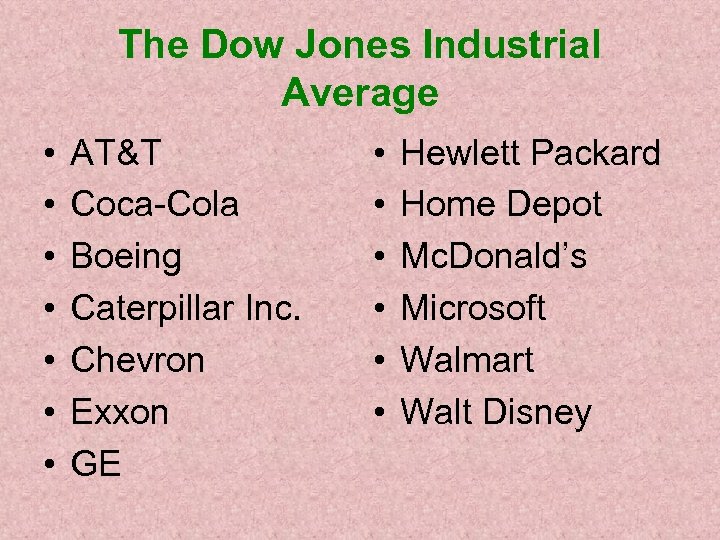 The Dow Jones Industrial Average • • AT&T Coca-Cola Boeing Caterpillar Inc. Chevron Exxon