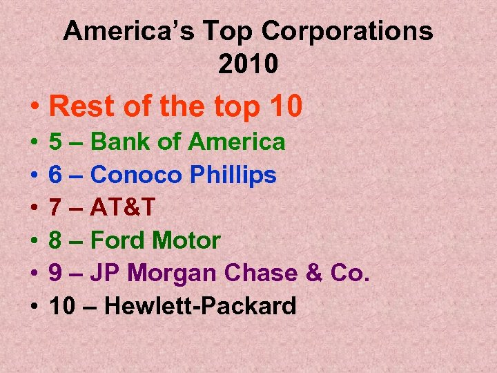 America’s Top Corporations 2010 • Rest of the top 10 • • • 5