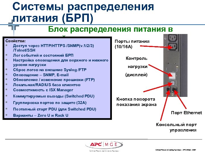 Системы распределения питания (БРП) Блок распределения питания в стойке Порты питания Свойства: § Доступ