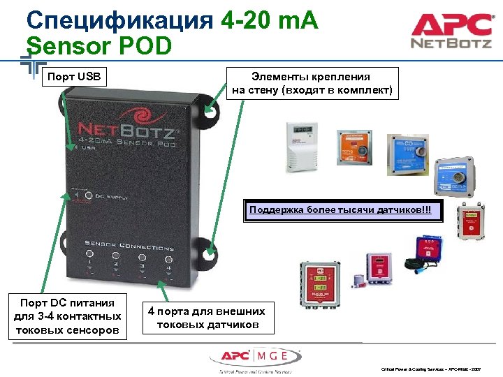 Спецификация 4 -20 m. A Sensor POD Порт USB Элементы крепления на стену (входят