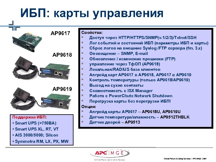 ИБП: карты управления AP 9617 AP 9618 AP 9619 Поддержка ИБП: • Smart UPS