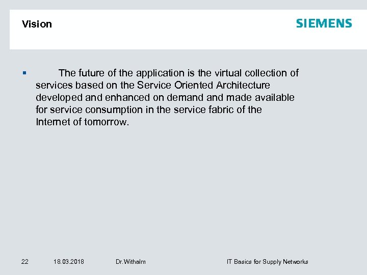 Vision 22 The future of the application is the virtual collection of services based