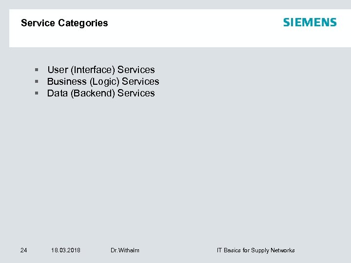 Service Categories User (Interface) Services Business (Logic) Services Data (Backend) Services 24 18. 03.