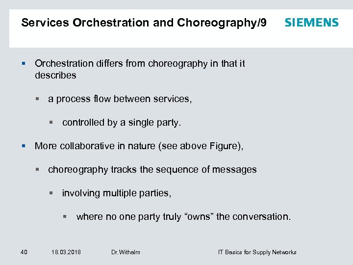Services Orchestration and Choreography/9 Orchestration differs from choreography in that it describes a process