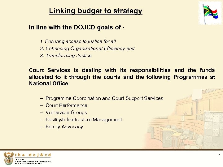 Linking budget to strategy In line with the DOJCD goals of 1. Ensuring access