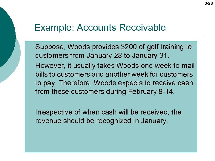 3 -28 Example: Accounts Receivable Suppose, Woods provides $200 of golf training to customers