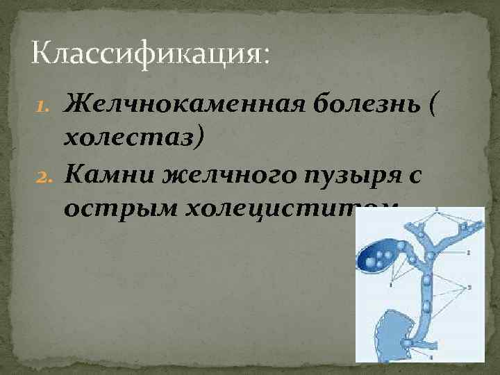 Классификация: 1. Желчнокаменная болезнь ( холестаз) 2. Камни желчного пузыря с острым холециститом 