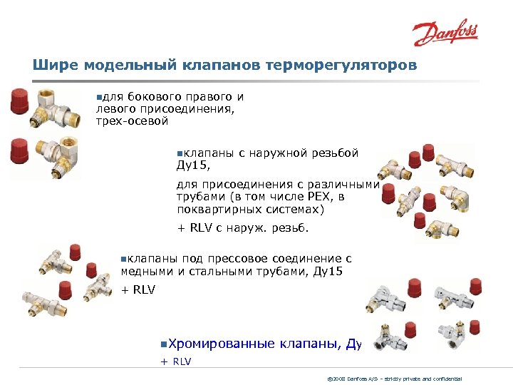 Шире модельный клапанов терморегуляторов nдля бокового правого и левого присоединения, трех-осевой nклапаны Ду15, с