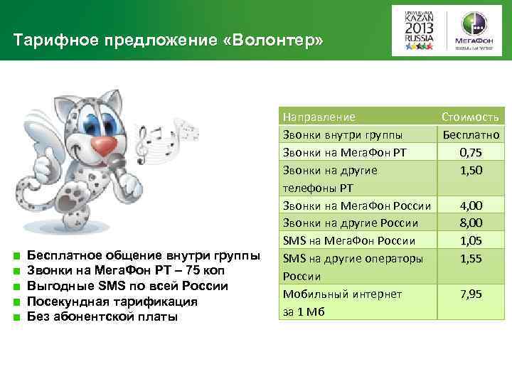 Тарифное предложение «Волонтер» Бесплатное общение внутри группы Звонки на Мега. Фон РТ – 75