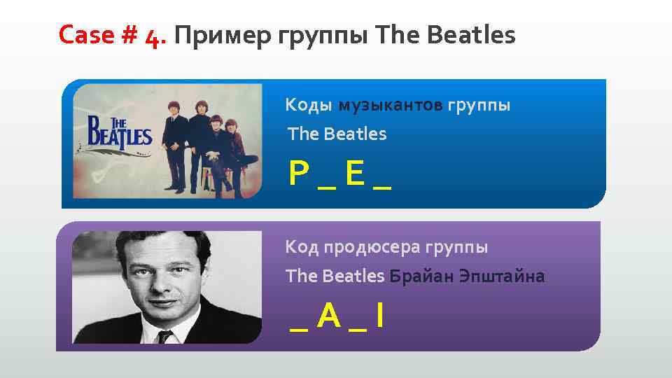 Case # 4. Пример группы The Beatles Коды музыкантов группы The Beatles P _