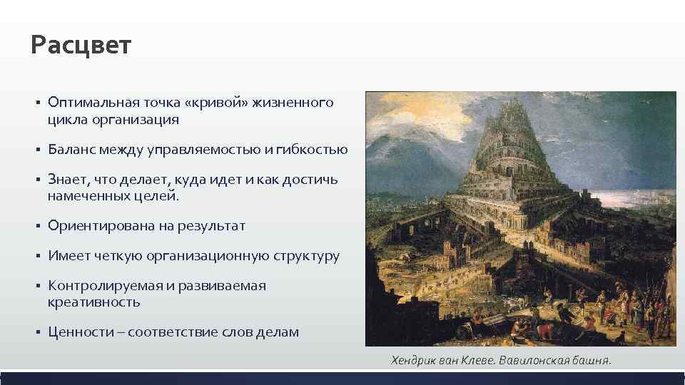 Расцвет § Оптимальная точка «кривой» жизненного цикла организация § Баланс между управляемостью и гибкостью