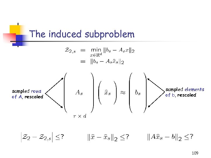 The induced subproblem sampled rows of A, rescaled sampled elements of b, rescaled 109