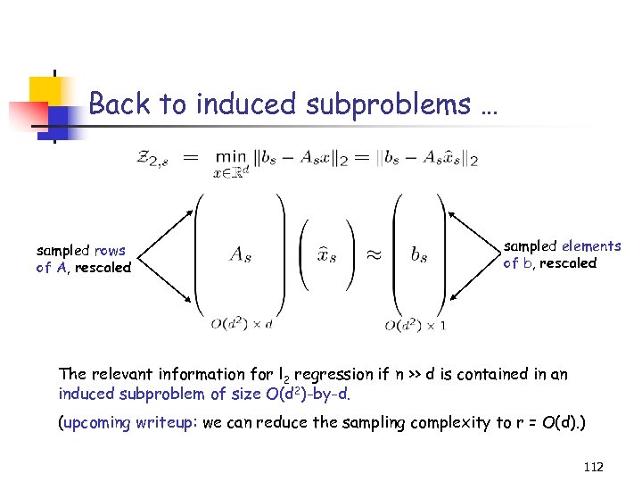 Back to induced subproblems … sampled rows of A, rescaled sampled elements of b,