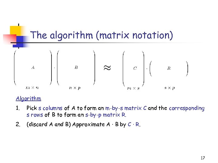 The algorithm (matrix notation) Algorithm 1. Pick s columns of A to form an