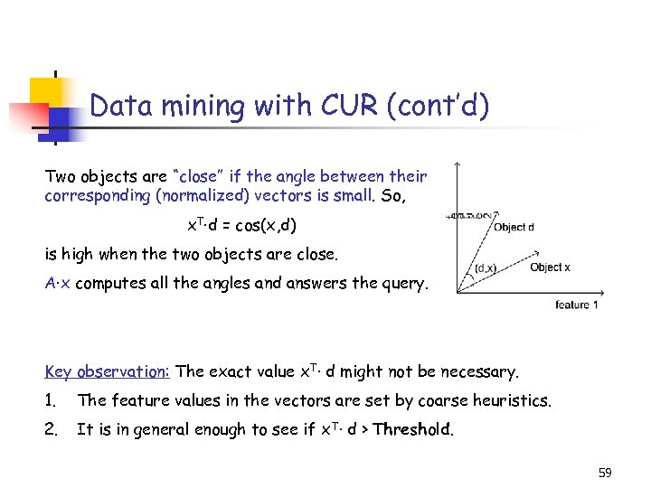 Data mining with CUR (cont’d) Two objects are “close” if the angle between their
