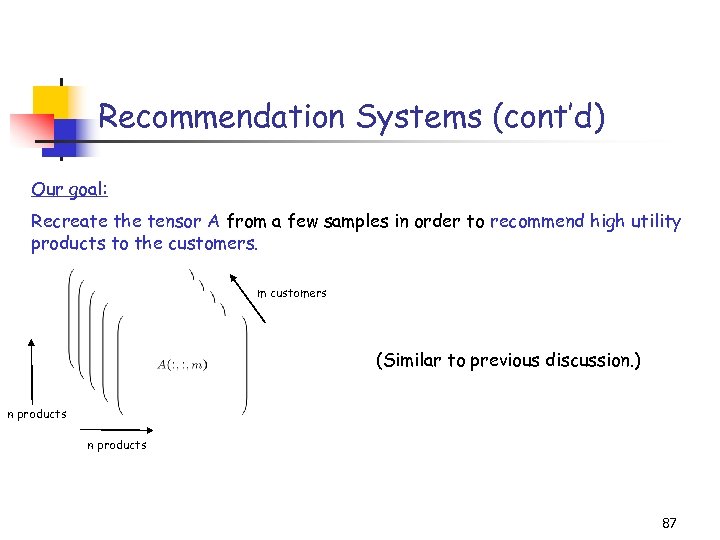 Recommendation Systems (cont’d) Our goal: Recreate the tensor A from a few samples in