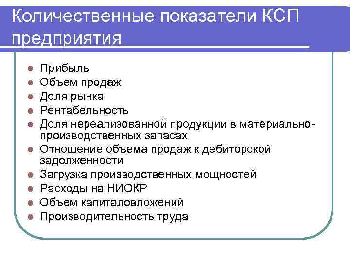 Количественные показатели КСП предприятия l l l l l Прибыль Объем продаж Доля рынка