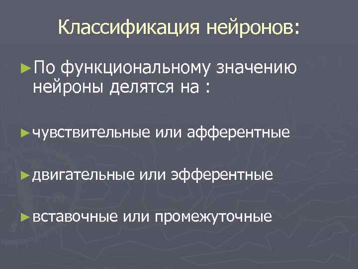 Классификация нейронов: ►По функциональному значению нейроны делятся на : ► чувствительные ► двигательные ►