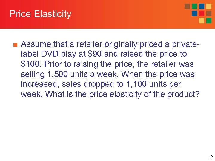 Price Elasticity ■ Assume that a retailer originally priced a privatelabel DVD play at
