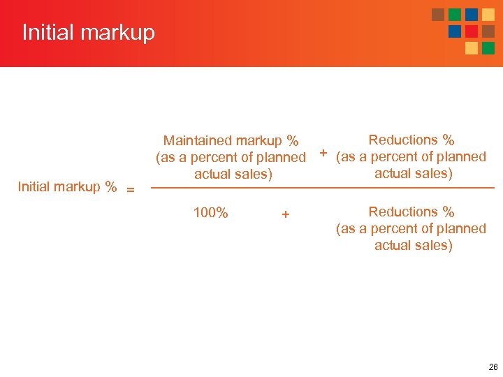 Initial markup 100% + Initial markup % = Reductions % Maintained markup % (as