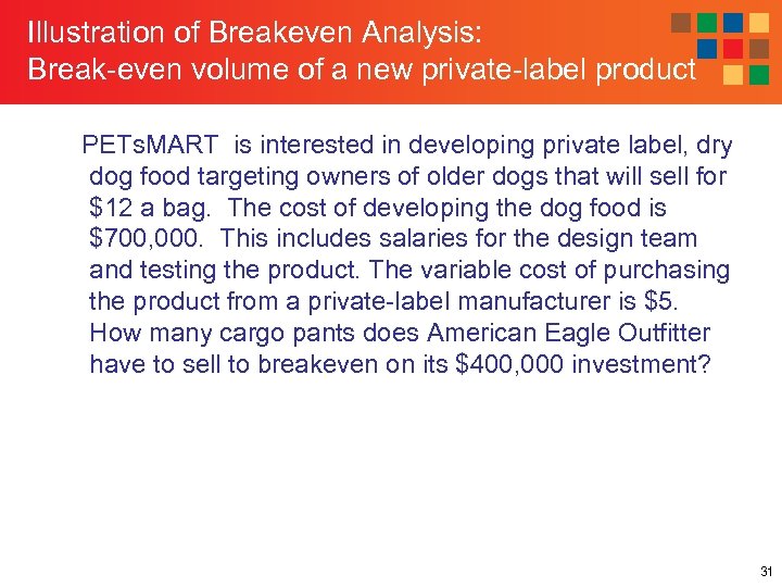Illustration of Breakeven Analysis: Break-even volume of a new private-label product PETs. MART is