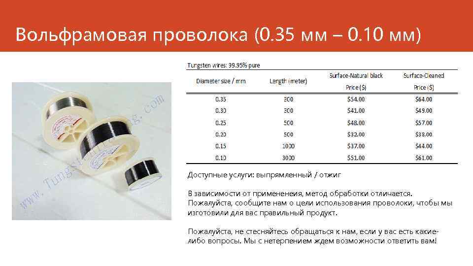 Вольфрамовая проволока (0. 35 мм – 0. 10 мм) Доступные услуги: выпрямленный / отжиг