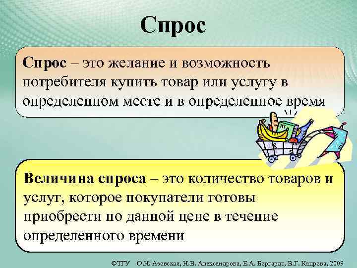 Спрос – это желание и возможность потребителя купить товар или услугу в определенном месте