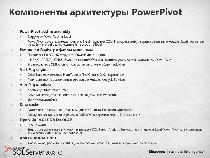 Компоненты архитектуры Power. Pivot add-in assembly Загружает Power. Pivot в Excel Power. Pivot затем