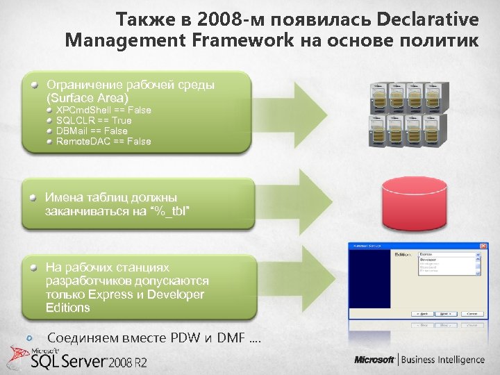 Также в 2008 -м появилась Declarative Management Framework на основе политик Ограничение рабочей среды